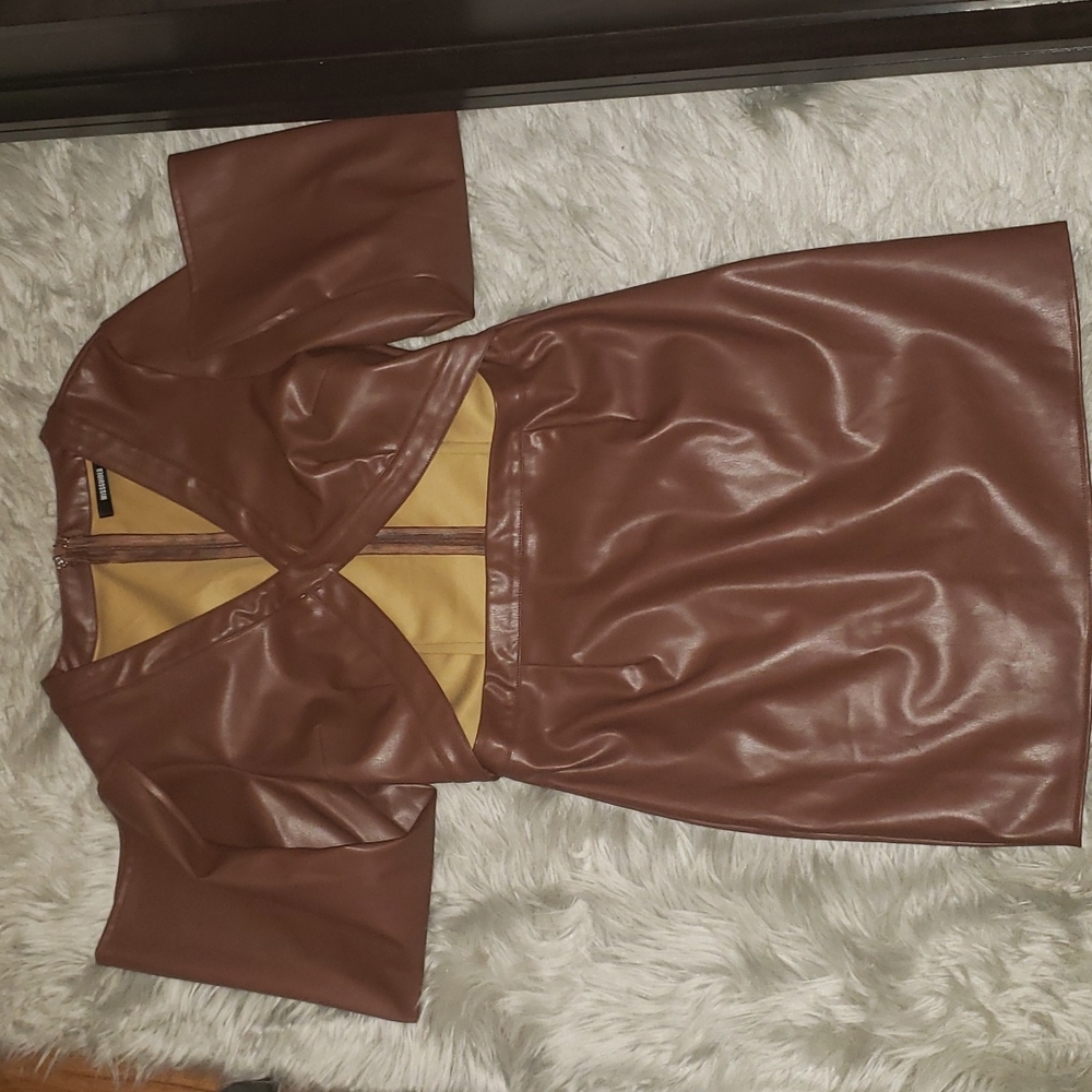 Chocolate faux leather cut out trumpet mini dress - Size 10